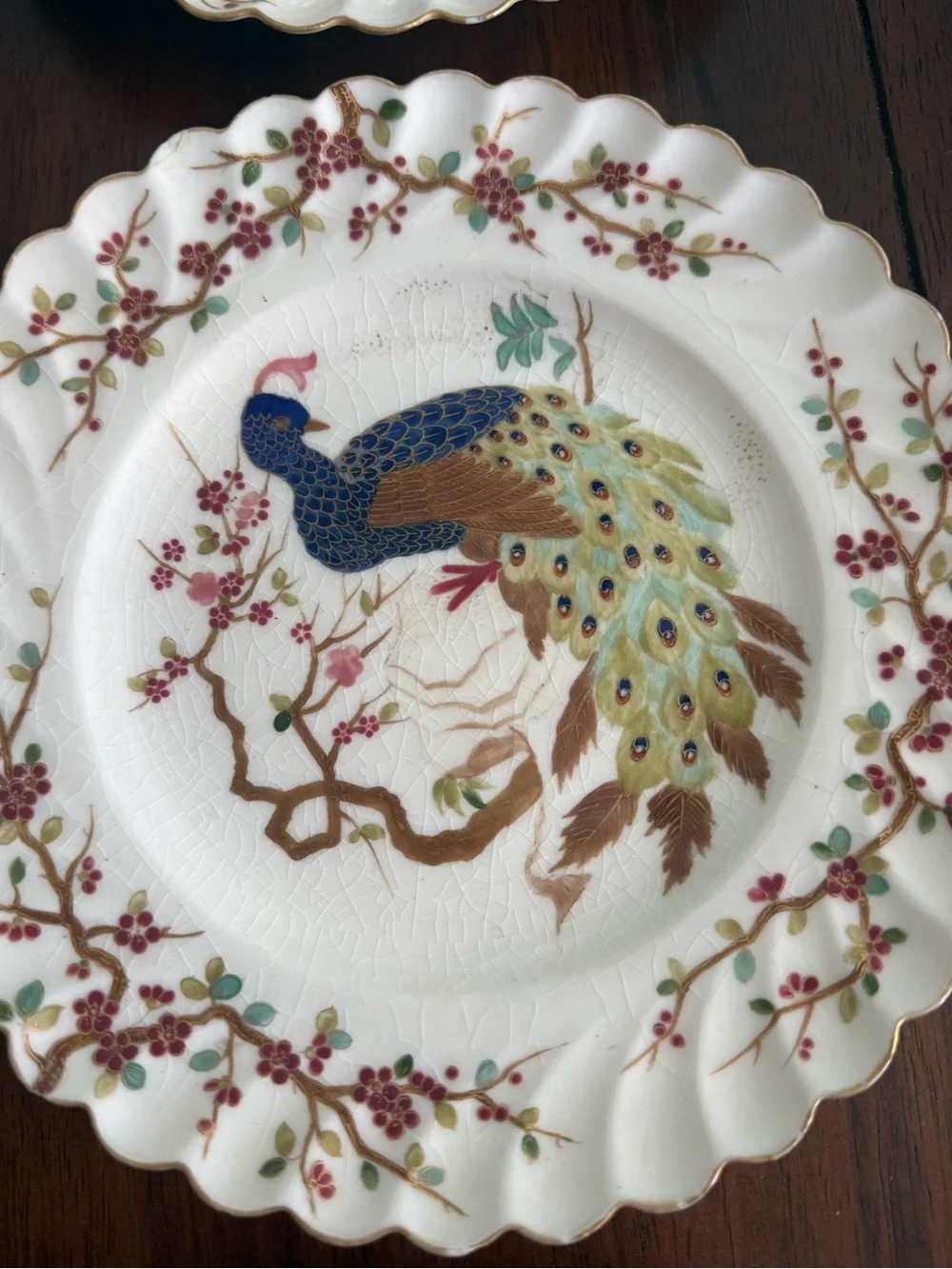 Scalloped Ceramic Dinner Plate with Peacock & Rooster Motifs - White Multi-Color